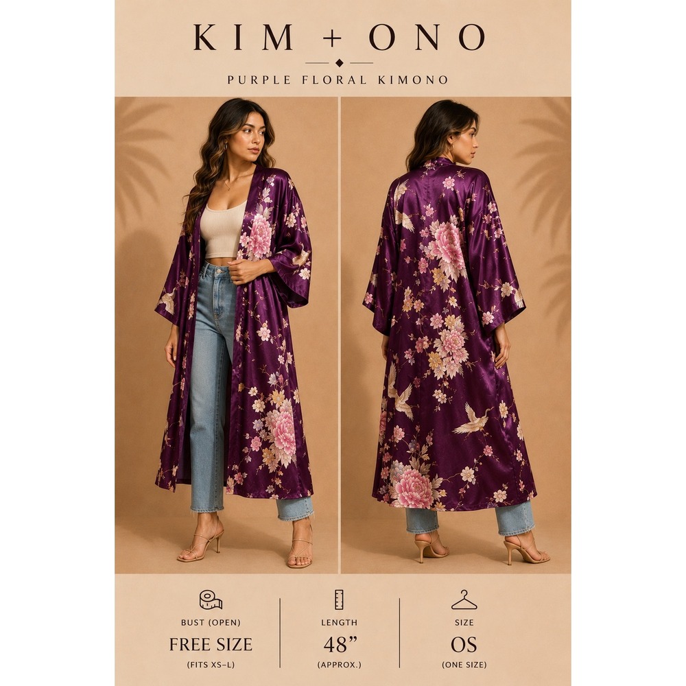 Kim + Ono Purple Floral Crane Satin Long Kimono Robe One Size OS Purple Luxury